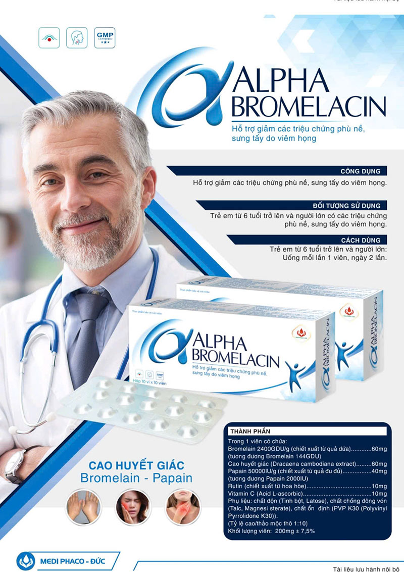 ALPHA BROMELACIN (Hộp 100 viên nén, Hộp 10 vỉ x 10 viên)